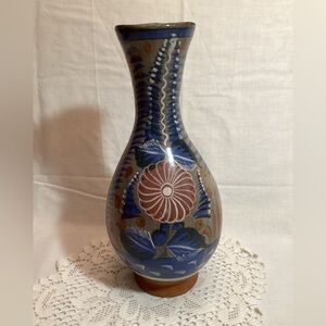 Mexico Handcrafted 13" Blue & Brown Ceramic Pottery Vase